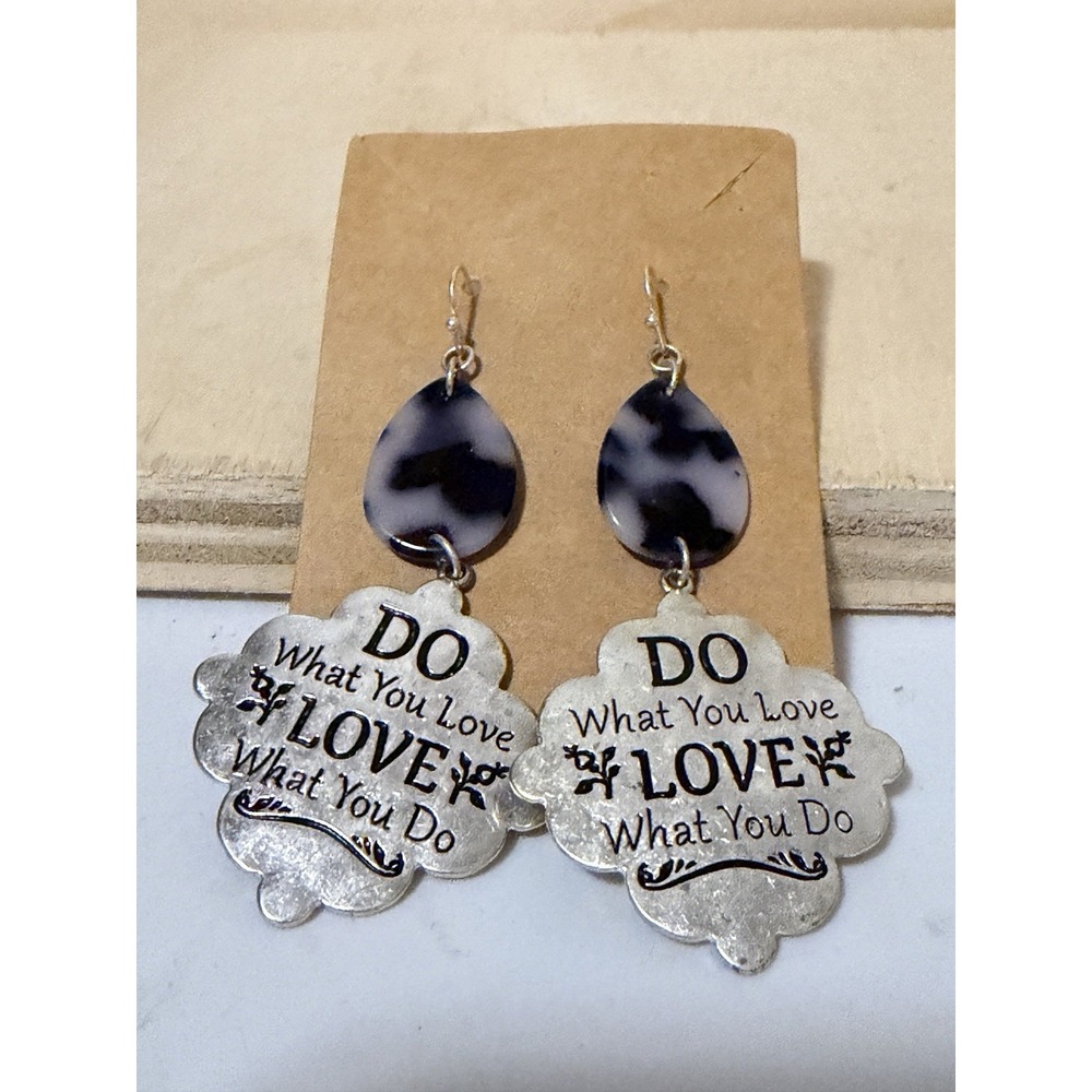 Silver Tone Quote Dangle Earrings Do What You Love Love What You Do Marble